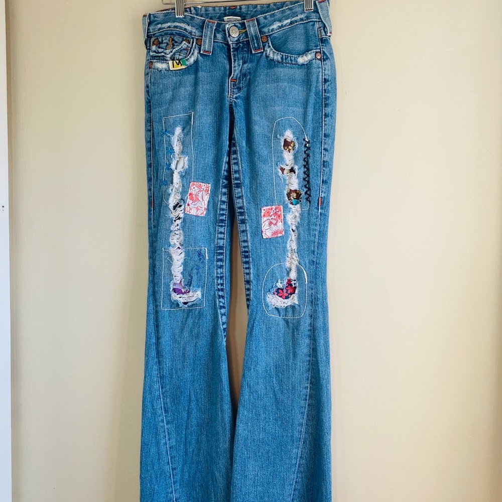 True Religion Vintage Woodstock Joey  Camo Patchwork Flare Jeans Size 26 - Picture 4 of 9